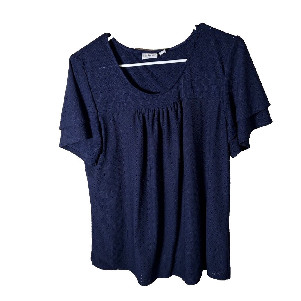 Kim Rogers T-Shirt Women's XL Navy Blue Eyelet Short Sleeve Round Neck Shirt